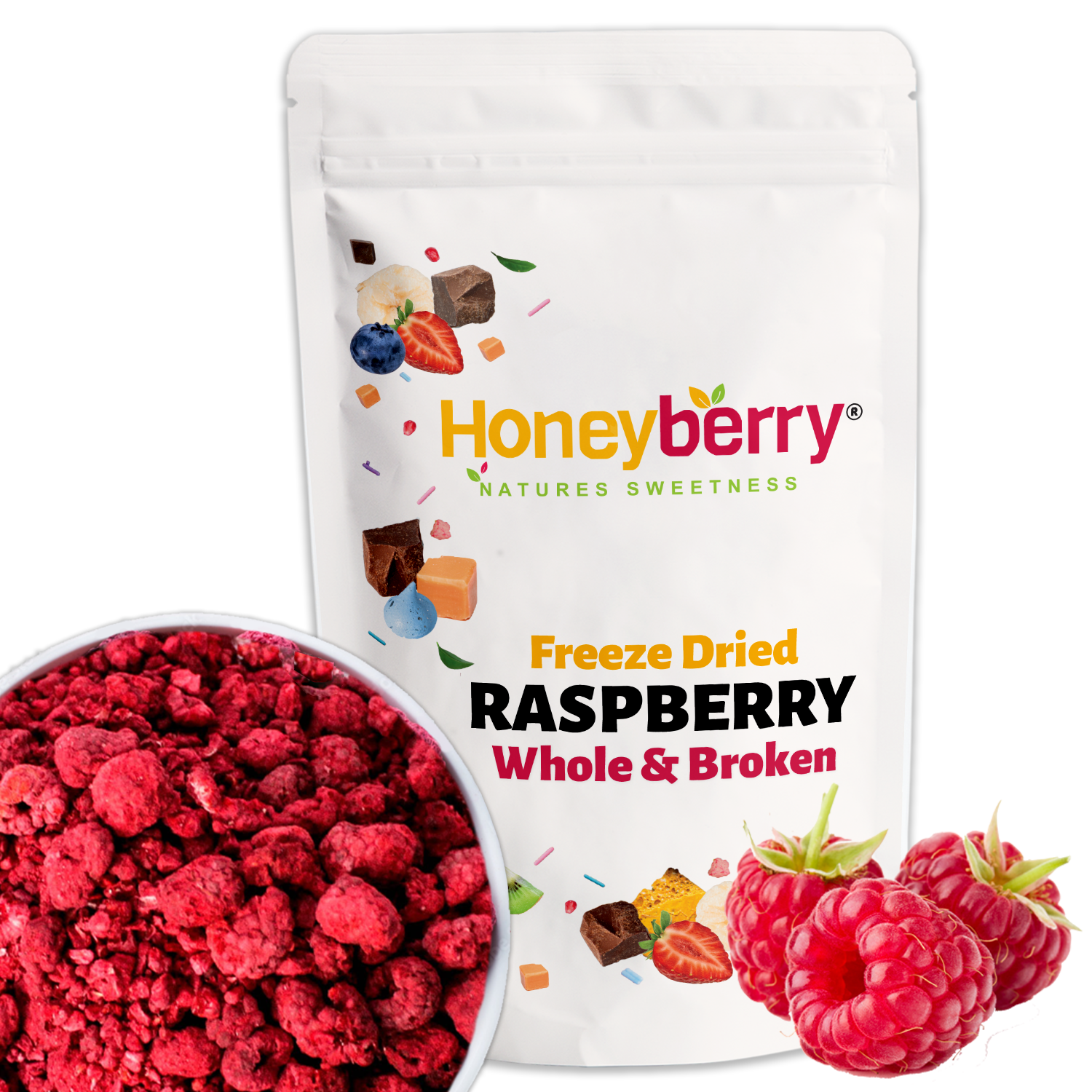 Freeze Dried Whole and Broken Raspberries
