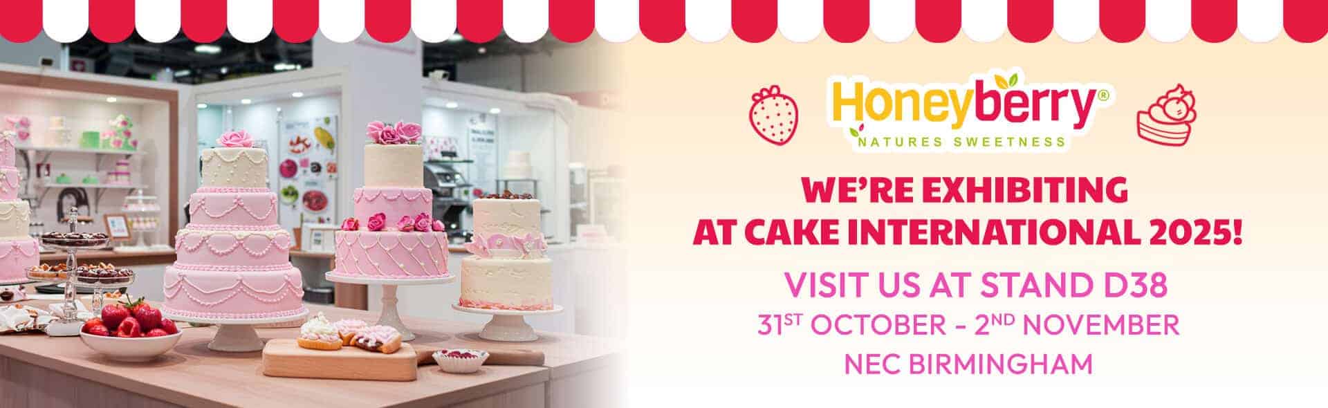 Honeyberry booth display promoting Cake International exhibition.