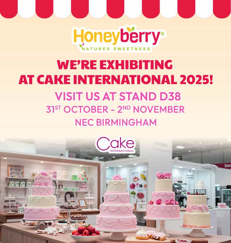 Poster announcing Honeyberry’s exhibition at Cake International 2024, including stand D28 details